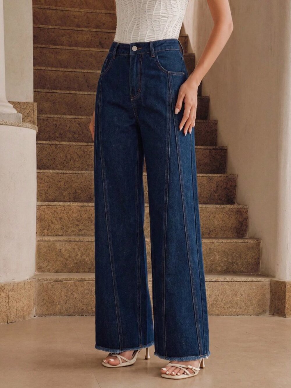 Blue Elegant Women's Patchwork Straight Leg Jeans